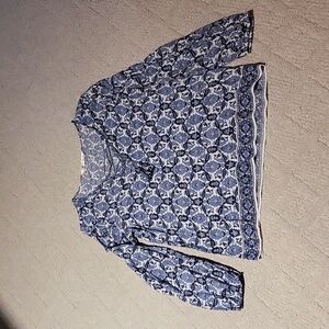 Max Studio Boho Womens Floral Blue and White Top